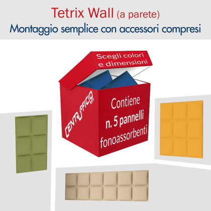 Box contenente n. 5 pannelli fonoassorbenti TETRIX WALL con relativi kit di fissaggio a parete.