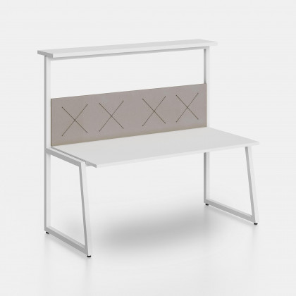 Desk Fusion with shelf and screen divider with X elastic bands
