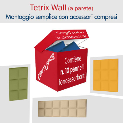Box contenente n. 10 pannelli fonoassorbenti TETRIX WALL con relativi kit di fissaggio a parete.