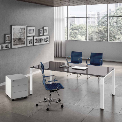 Bureau complet Doria verre avec bureau, caisson et fauteuil