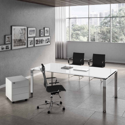 Ufficio completo Doria vetro con scrivania, gamba cromata, cassettiera e poltrone.